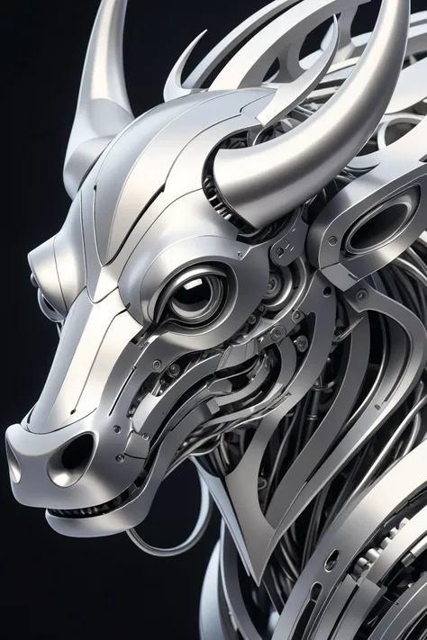 Abstract style a bull head made out of metal,cybernetic future perfect,exquisite digital illustration,silver dechroic details,dvd cover,inspired by Taro Okamoto,winner of design award,autocad,by Kose Kanaoka,cyber western,white and silver,mit technology re...