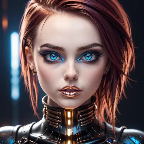 neonpunk style Gothic style beautiful young woman,face close up,Rose Gold lipstick,iridescent trim,Blue eyes, . Dark . cyberpunk