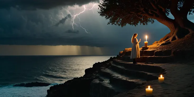 a couple of people standing on a beach next to a tree