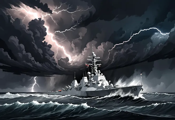 digital illustration, ocean, missile cruiser, storm, lightning, waves, cloudy sky, distant shoreline,  <lora:Maximalist_Drawing_BW:0.79>, pstyl3, negative space, abstract,