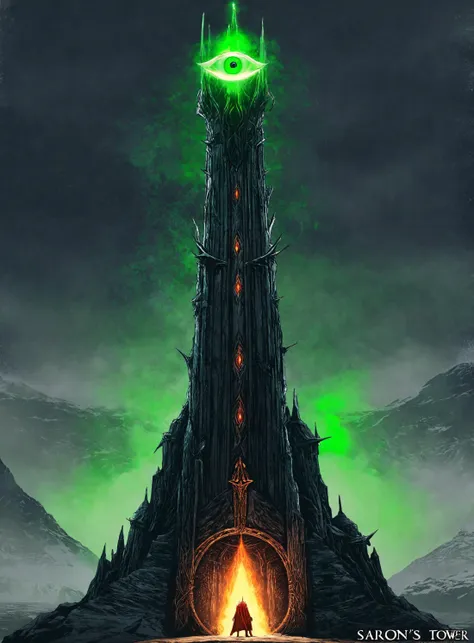 a poster of a tower with a green eye on top of it