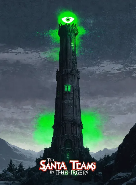 a poster of a tower with a green light on top