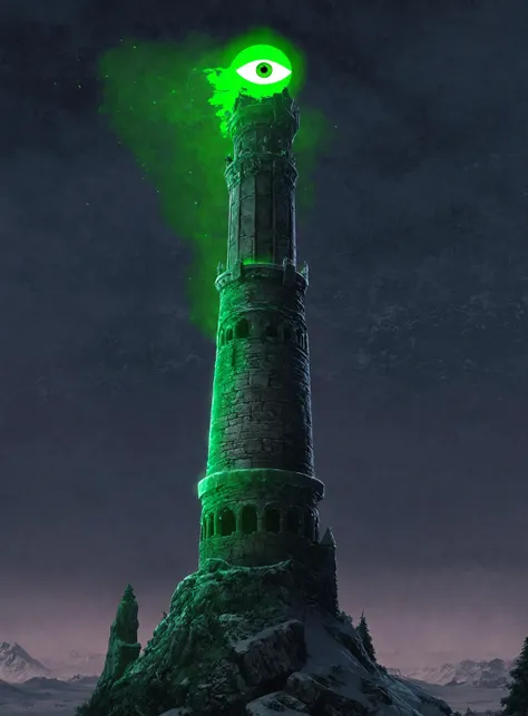 a green light shines on a tower in the middle of a snowy landscape