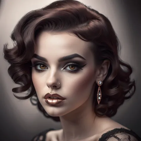 ethereal fantasy concept art of  Gothic style Film noir style beautiful young woman,face close up,monroe piercing,Rose Gold lipstick,iridescent trim,Brown eyes, . Monochrome . Dark . magnificent