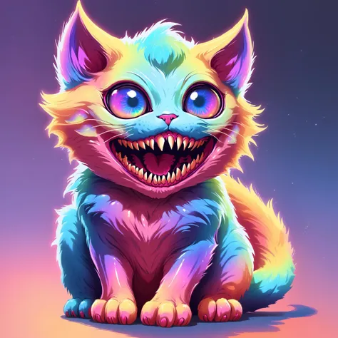 cute monster kitten, iridescent colors, brho style