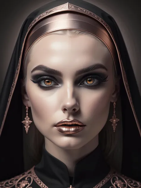 ethereal fantasy concept art of  Gothic style Film noir style beautiful young woman,nun,face close up,monroe,Rose Gold lipstick,iridescent trim,Brown eyes, . Monochrome . Dark . magnificent