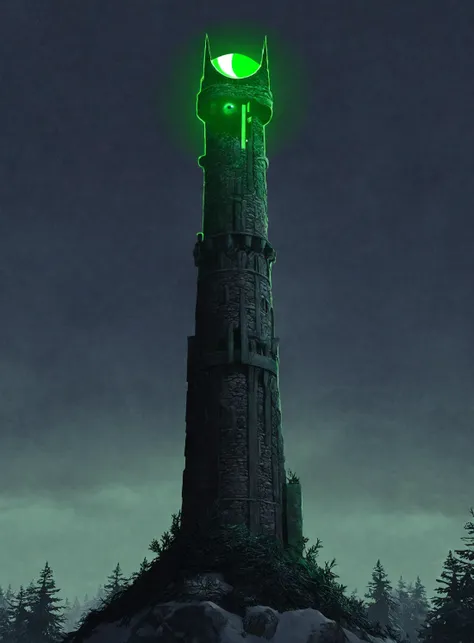 a close up of a tower with a green light on top of it