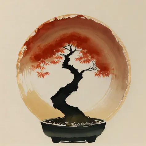 a close up of a bonsai tree in a pot with a sun in the background