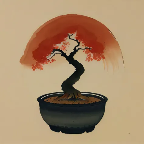 a close up of a bonsai tree in a pot with a sun in the background