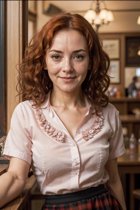 close-up portrait of ma1s1e_n0texist,  smiling, wearing a blouse and a skirt, drinking a pink, in a quiet Scottish pub