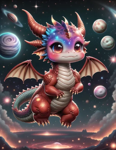 ral-smoldragons, a small  red dragon pouncing, shiny, BREAK, perfect anatomy, Cosmic Galaxy in the background, <lora:ral-smoldragons-sd15:1>, vivid colors, bright fantasy art vibe,