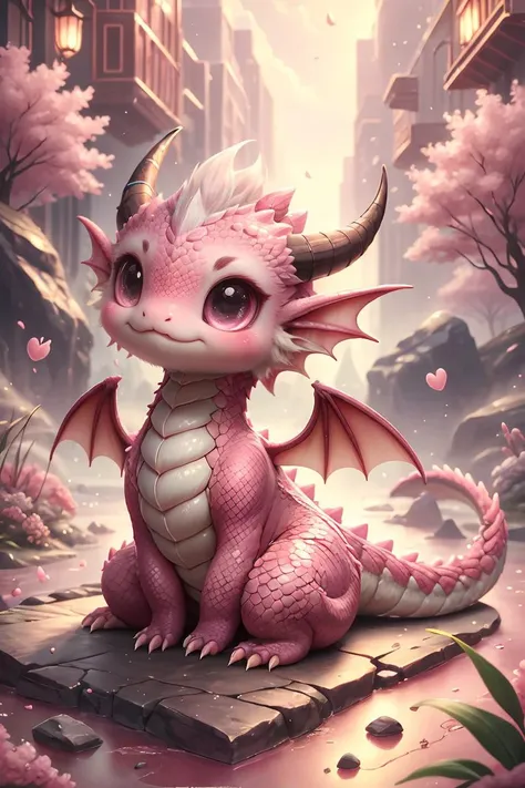 a pink dragon sitting on a stone in a city