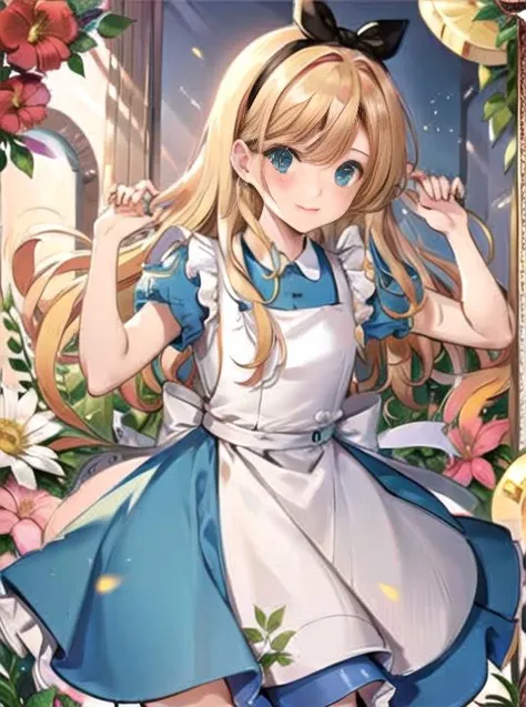 a girl in a blue dress and white apron standing in front of flowers