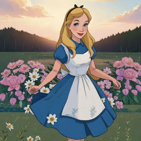 a cartoon picture of a woman in a blue dress standing in a field of flowers