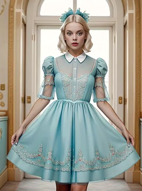 a woman in a blue dress and tiable standing in a hallway