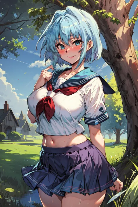 masterpiece,best quality,1girl,Aoi,short hair,blue hair,aqua eyes,bang,large breasts,wide hips,thick thighs,sailor collar,school uniform,miniskirt,naughty face,smile,blush,grass,tree,village,(cowboy shot),<lora:Aoi_20230801212238:0.7>,