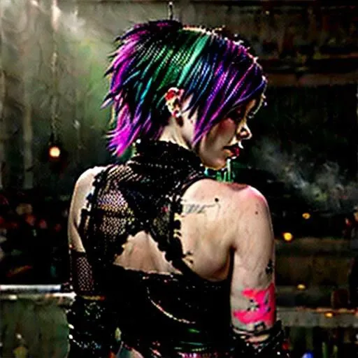 cyborg, punk, In a dreamy autumnal scene, a punk rock girl stands with ethereal grace against a backdrop of softly swirling ethernet cables. Her long, vibrant purple hair cascades down her back, contrasting starkly with the delicate hues surrounding her. S...