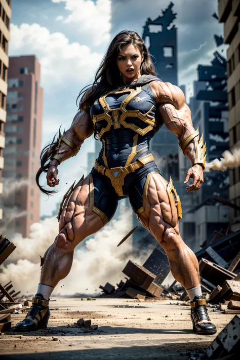 full body shot,  A wide shot of an angry female superhero, 1girl, (huge muscular:1.4), in the middle of a destroyed city,body suit,skin tight, (dynamic pose:1.2),fighting stance,
 hair flutters, bare face, huge breast, thin waist, wide pelvic, calf, highhe...