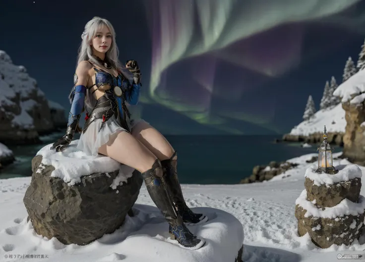 arafed woman sitting on a rock in the snow with a northern lights in the background