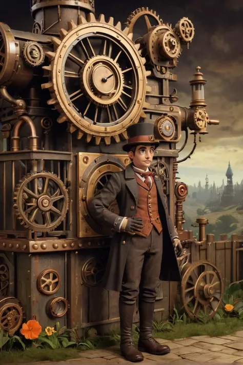 Annimation, in the style of the animated series [Over the Garden Wall], Steampunk Elements: "A scene incorporating steampunk elements like gears, cogs, and brass."