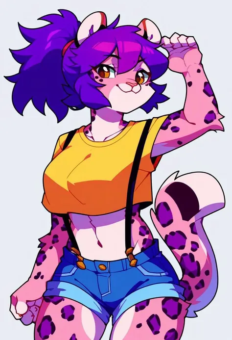 score_9, score_8_up, score_7_up, score_6_up, source anime, zPDXL3, Expressiveh, (tabaxi, tabaxi snow leopard, 1girl, pink fur, brown eyes, purple spots), purple hair, sidebangs, ponytail, shorts, suspenders, midriff, yellow crop top, navel, denim shorts, b...