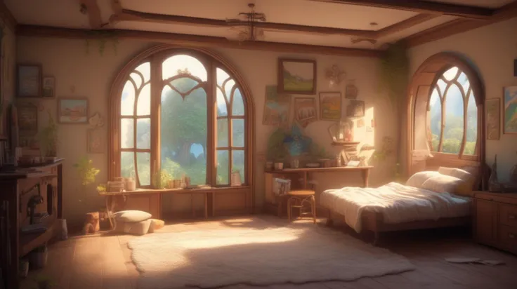 Bedroom with big fantasy, cartoon, fantasy window, with clear and original but fantasy and funny, Ghibli studio, 2d cartoon, HD, high quality, ultra hd, realistic, vivid colors, highly detailed, UHD drawing, pen and ink, perfect composition, beautiful deta...