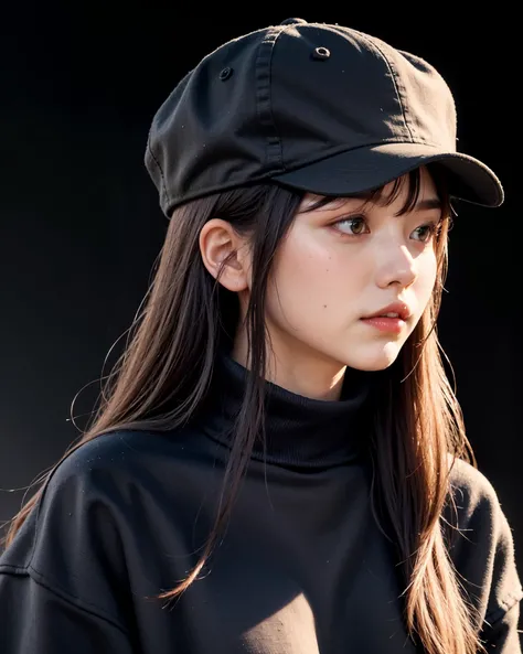 (best quality:1.5), (realistic:1.2), from above, 8k, highres, upper body, 18 year old, 1girl, long hair, black cap, (skin pores, texture skin), looking away, black sweatshirt, slim body, white background, studio photography  <lora:outfit-cap-black:0.6>