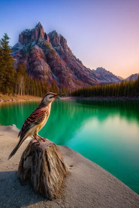 masterpiece, best quality, ultra-detailed, realistic, 8k, (emphasize beautiful bird perched relaxing:1.37), pine tree, flowers fields, many kinds of flowers, a couple of rabbits on very distant, lakes, meadows, glitter, afternoon, sun, sunset, out-of-this-...