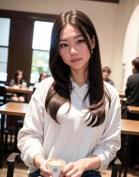 photo, ultrarealistic, extreme detail, detailed face, 1girl, (1ucy1iu:1.3), sitting, coffe shop, drinking coffe, people in background, table, chair, hoodie, jeans shorts, smiling parted lips, medium breasts