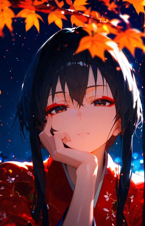 1girl,adult,short hair,black hair,hair between eyes,hair ornament,short hair with long locks,black eyes,expressionless,(half-closed eyes:1.2),medium breasts,red eyeliner,red makeup,red kimono,kimono,light particles,lens-flare,cinematic lighting,depth of fi...