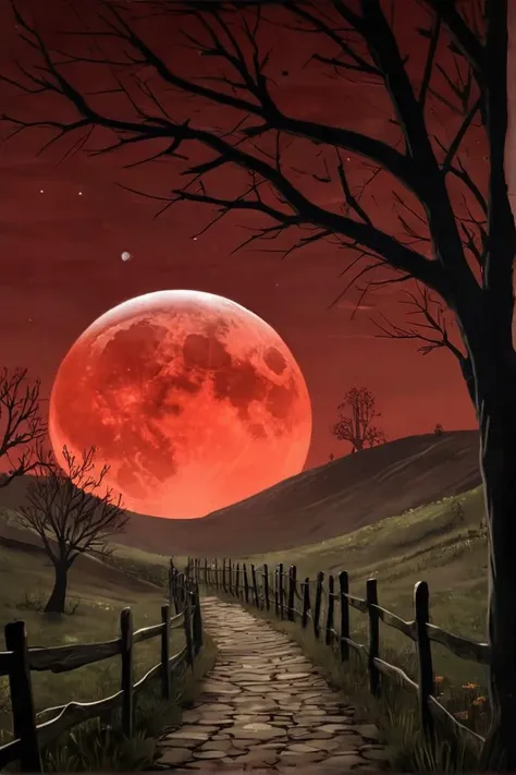 Annimation, in the style of the animated series [Over the Garden Wall], Eerie Celestial Body: "A blood-red moon hanging low in a starless sky."