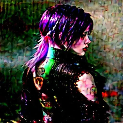 cyborg, punk, In a dreamy autumnal scene, a punk rock girl stands with ethereal grace against a backdrop of softly swirling ethernet cables. Her long, vibrant purple hair cascades down her back, contrasting starkly with the delicate hues surrounding her. S...