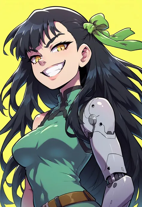 score_9, score_8_up, score_7_up,1girl, black hair, long hair, hair ribbon, green ribbon, solo, brown belt, yellow eyes, dress, green dress, grin, medium breasts, single mechanical arm, looking at viewer, upper body, yellow background, g4n1m3,