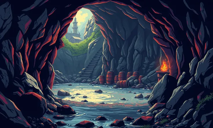 Glitchcore Art Style, retro game art pixel-art. In a medieval setting.
A coastal cave, hidden among the rocky cliffs and only accessible at low tide. The entrance is narrow, but inside the cave opens up into a vast chamber where smuggled goods are hidden i...