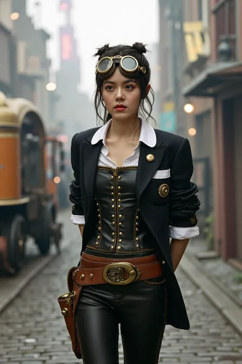 photo of a beautiful woman,

(Donning a tailored corseted jacket adorned with brass gears and leather accents, paired with high-waisted trousers and sturdy boots, accessorized with goggles and a leather utility belt),
(Venturing through a fantastical steam...