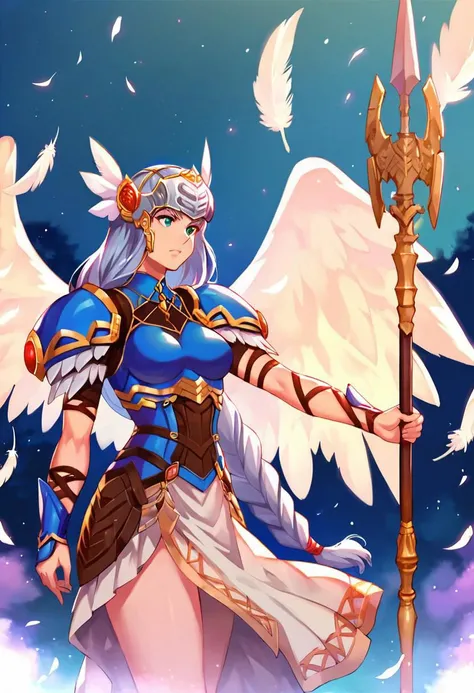 <lora:pony_xl_Lenneth:0.9>,Lenneth,score_9,score_8_up,score_7_up,source_anime,1girl,solo,valkyrie,winged helmet,blue armor,shoulder armor,pauldrons,long_skirt,feathers,angel wings,holding weapon,polearm,spear,night,night_sky,cowboy_shot,from_side,looking_d...