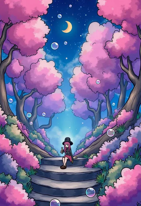 A detailed digital illustration of a whimsical forest scene. watercolors, The illustration features a woman dressed in a black hat, sitting on a stairway, surrounded by trees with pink and purple blooms. The sky is a deep blue, with a crescent moon glowing...