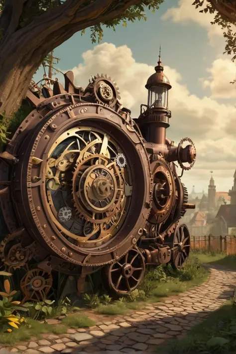 Annimation, in the style of the animated series [Over the Garden Wall], Steampunk Elements: "A scene incorporating steampunk elements like gears, cogs, and brass."