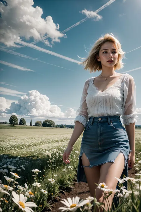 a woman in a field of daisies and a blue sky