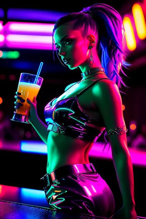 A photo of a cyberpunk female standing at the bar of a futuristic nightclub, holding a glowing drink in her hand. Her hair is slicked back into a sleek and futuristic ponytail, with glowing accents. She wears a form-fitting cyberpunk ensemble that catches ...