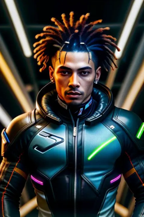 A photo of a skilled cyberpunk racer male, with wild and untamed hair and glowing cybernetic implants. He wears a sleek racing suit adorned with sponsor logos. The environment is a futuristic race track, filled with neon-lit barriers and high-speed hover v...