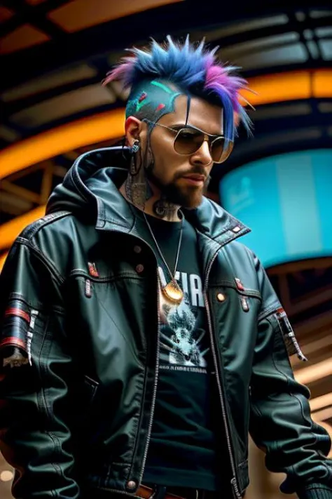 A photo of a charismatic cyberpunk rebel leader male, with vibrant dyed hair and a rugged, yet stylish attire adorned with symbols of rebellion. His cybernetic eyes emit a fiery glow. The setting is an underground hideout, filled with a diverse group of re...