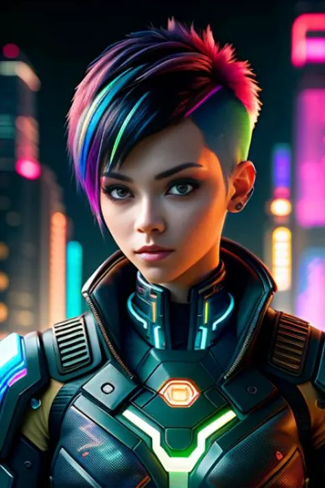 A photo of a cyberpunk female with a bold and asymmetrical pixie cut hairstyle, featuring vibrant neon-colored highlights. She wears a high-collared cyberpunk jacket with angular patterns and glowing accents. Her cybernetic arms have a modular design, allo...