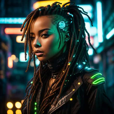 A close up photo of a female with dreadlocks with glowing neon streaks. She wears a futuristic bodysuit with angular patterns and glowing LED accents, along with high-tech gloves and boots. Leaning against a futuristic hovercar in a dimly lit alley, the co...