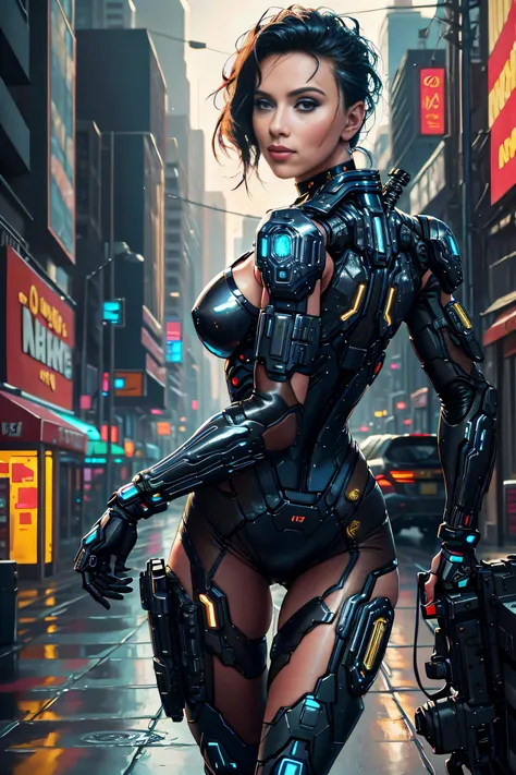 Cyberpunk ((oil painting)) of ((attractive female modern military with with cybernetic limbs part cyborg on patrol)), cinematic, dynamic pose, fine details, reflections, 8k, ((dark shot)), soft volumetric lights, (backlit:1.3), (photorealistic:1.3), (Style...