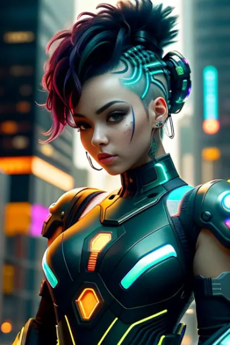 A photo of a cyberpunk female with a voluminous and gravity-defying hairstyle, reminiscent of a futuristic pompadour. She wears a cyberpunk-inspired bodysuit with geometric patterns and holographic accents. Her cybernetic arms have intricate patterns and g...