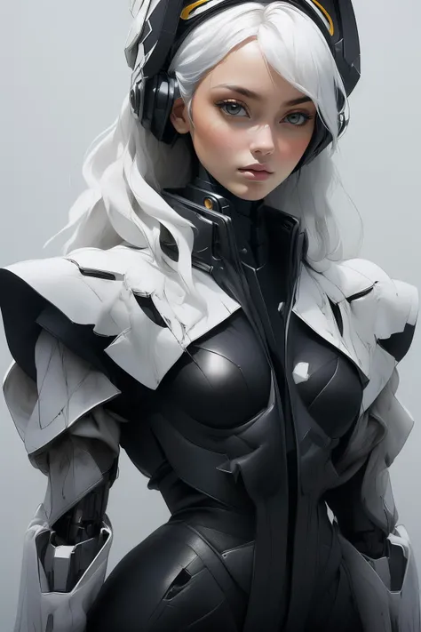 (masterpiece, top quality, best quality, official art, beautiful and aesthetic),solo,1girl,(black mecha),(upper body:1.2),black bodysuit,white hair,frills,standing,helmet,abstract dark gray backdrop,bangswhite stocking,small breasts,futurial zen style,deco...