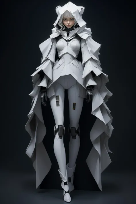 (masterpiece, top quality, best quality, official art, beautiful and aesthetic),solo,1girl,(dark white mecha),(full body:1.2),black bodysuit,white hair,frills,standing,hood,abstract dark gray backdrop,bangs,legs,white stocking,boots,small breasts,futurial ...