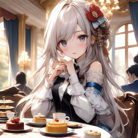 masterpiece, [(draft, (one girl:1.5))::0.5], [(at an afternoon tea party)], (medium shot:1.5), extremely detailed CG, 
(luxurious hair ornament), floating hair, [[graceful full dress:0.5]::0.8], top_sleeves, [delicate hands:0.8]