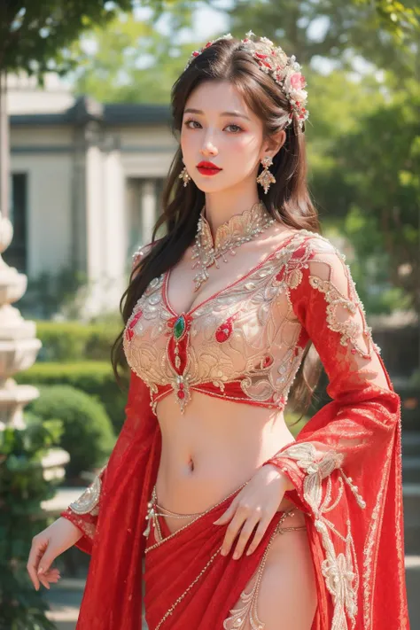 a woman in a red sari and gold jewelry posing for a photo